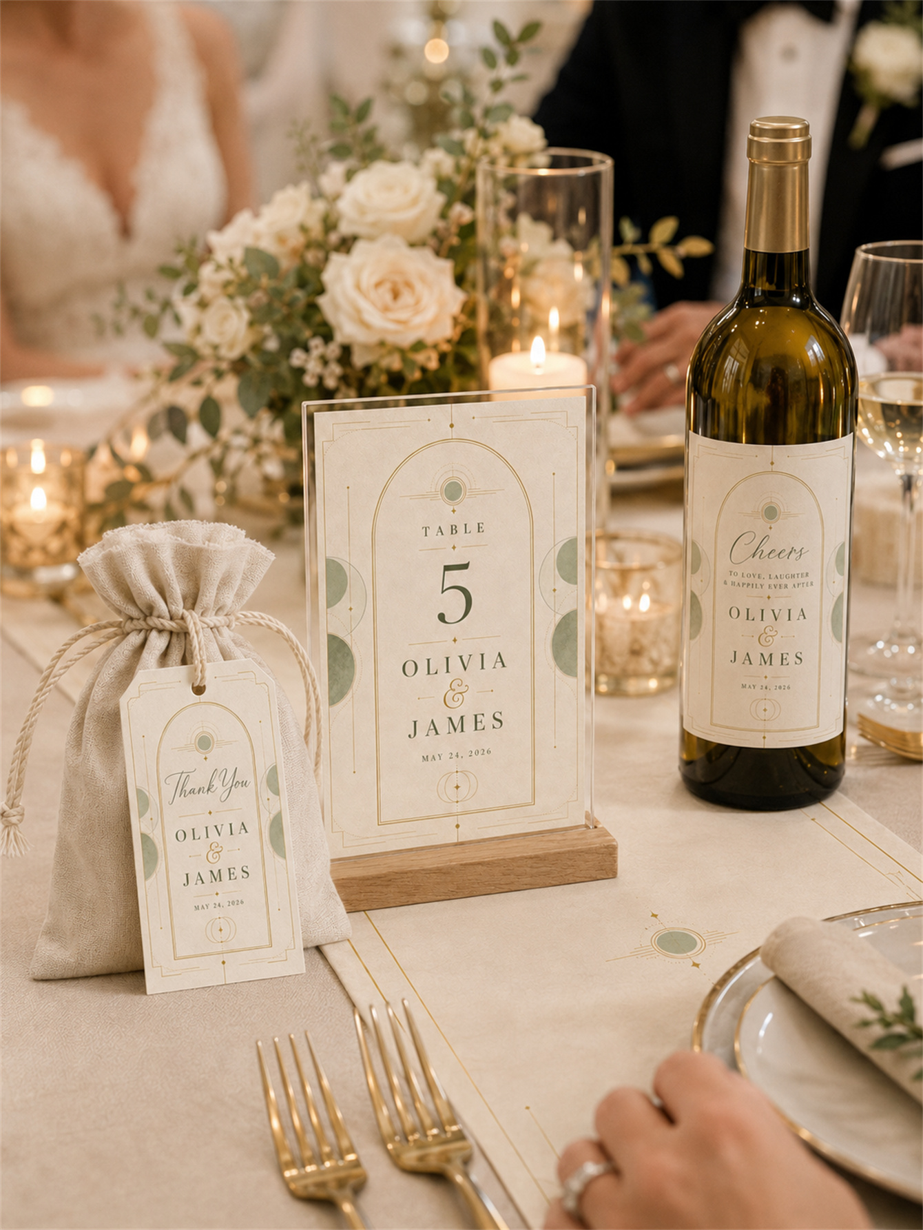The geometric arch design in sage green and soft gold wedding decorations - a romantic and elegant wedding - customizes names and dates